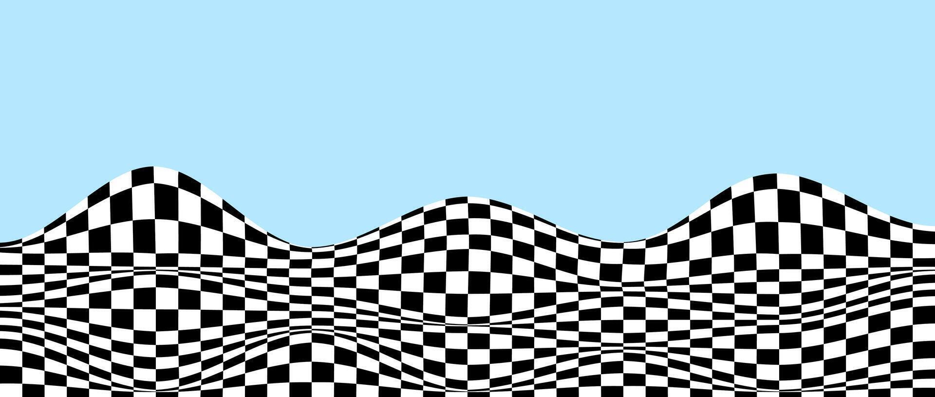 Wavy checkered pattern on blue background. black and white curved warped chessboard floor. Trippy undulate squares texture surface. Landscape terrain concept. Optical illusion wallpaper. vector