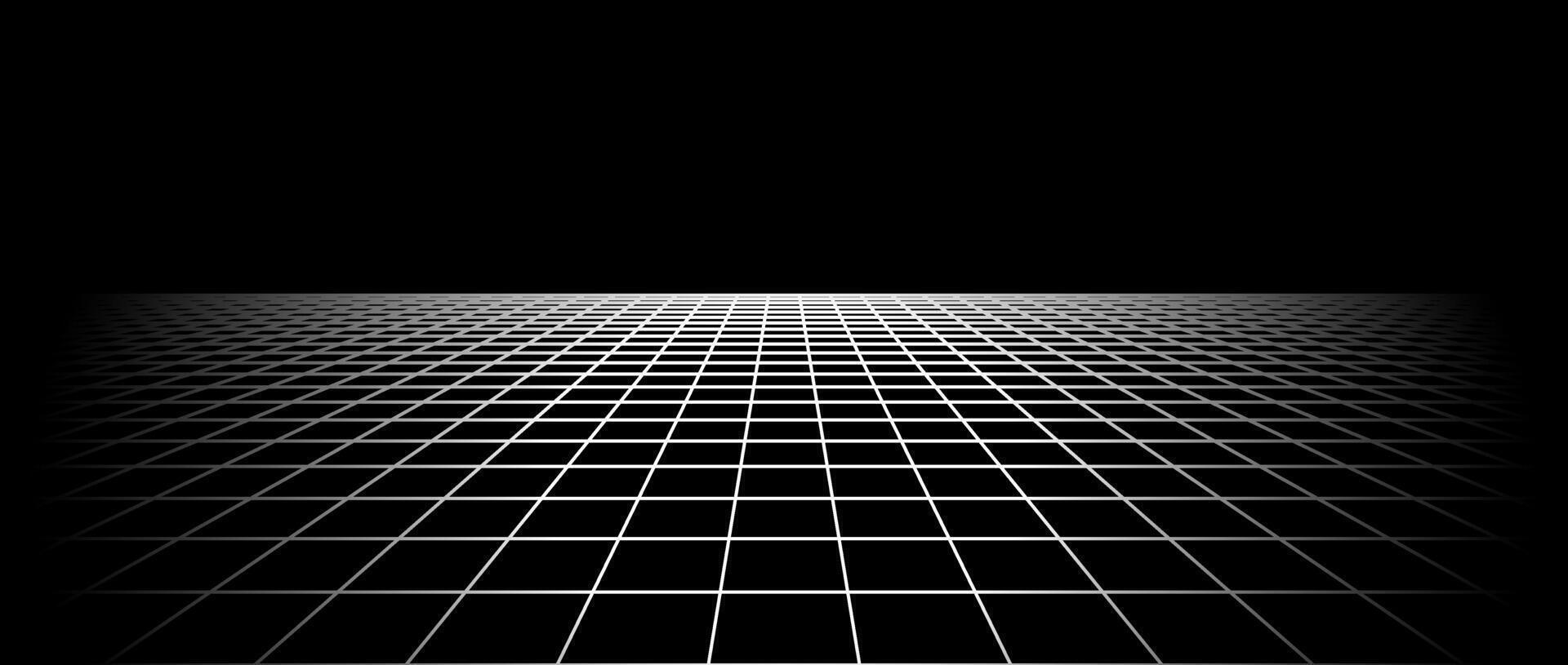 Fading wireframe grid. Vanishing checkered tile floor landscape. Disappearing horizontal chessboard plane in perspective. Black and white flat lattice surface background. vector