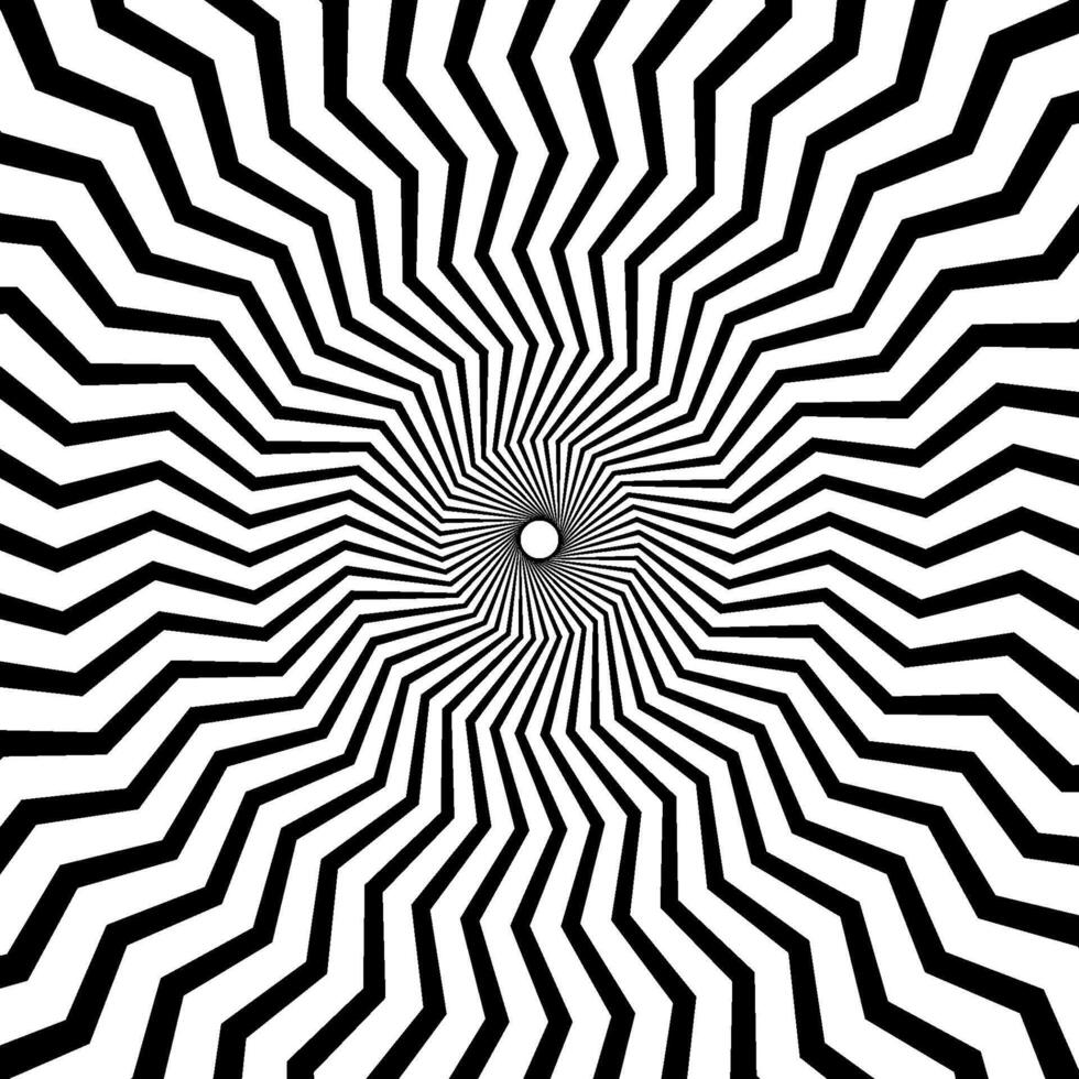 Optical illusion background. Black and white abstract distorted zigzag lines surface. Radial wave poster design. Hypnotic spiral illusion wallpaper. vector