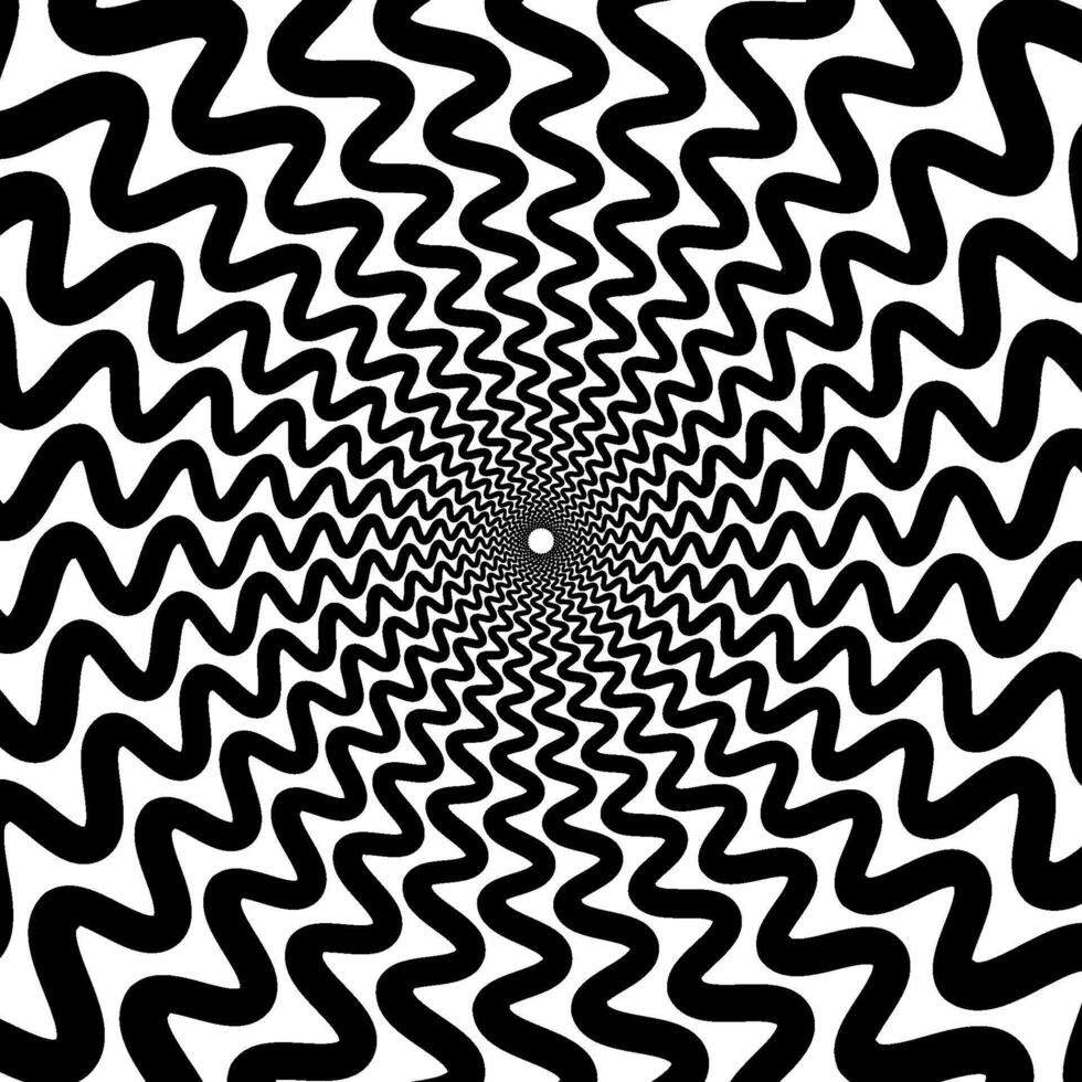 Optical illusion background. Black and white abstract distorted wavy lines surface. Radial waves poster design. Torsion spiral illusion wallpaper. Ornamental illustration vector