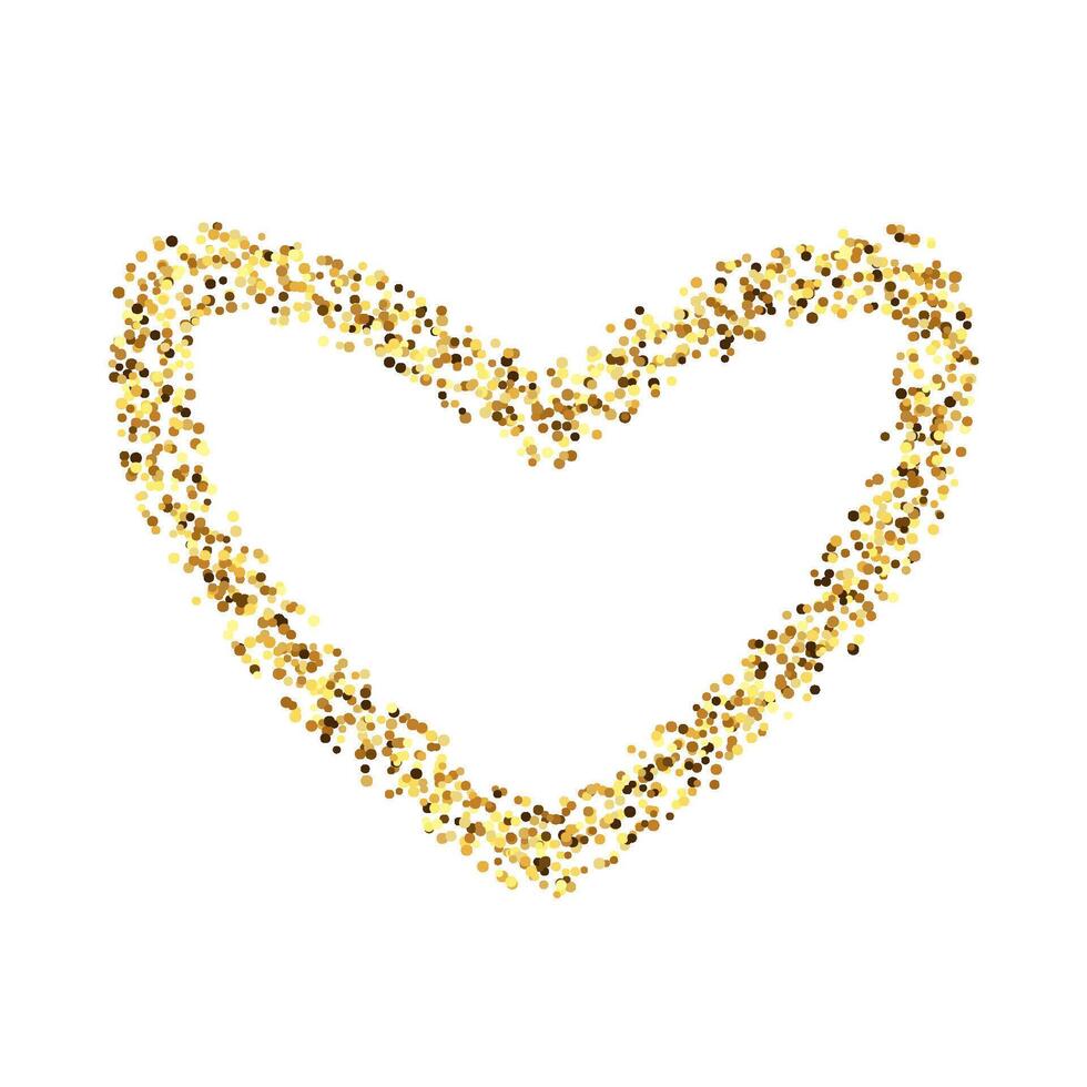 Golden confetti heart frame. Glowing dotted love background. Simple gold dots border. Sparkling halftone valentines decoration element. vector