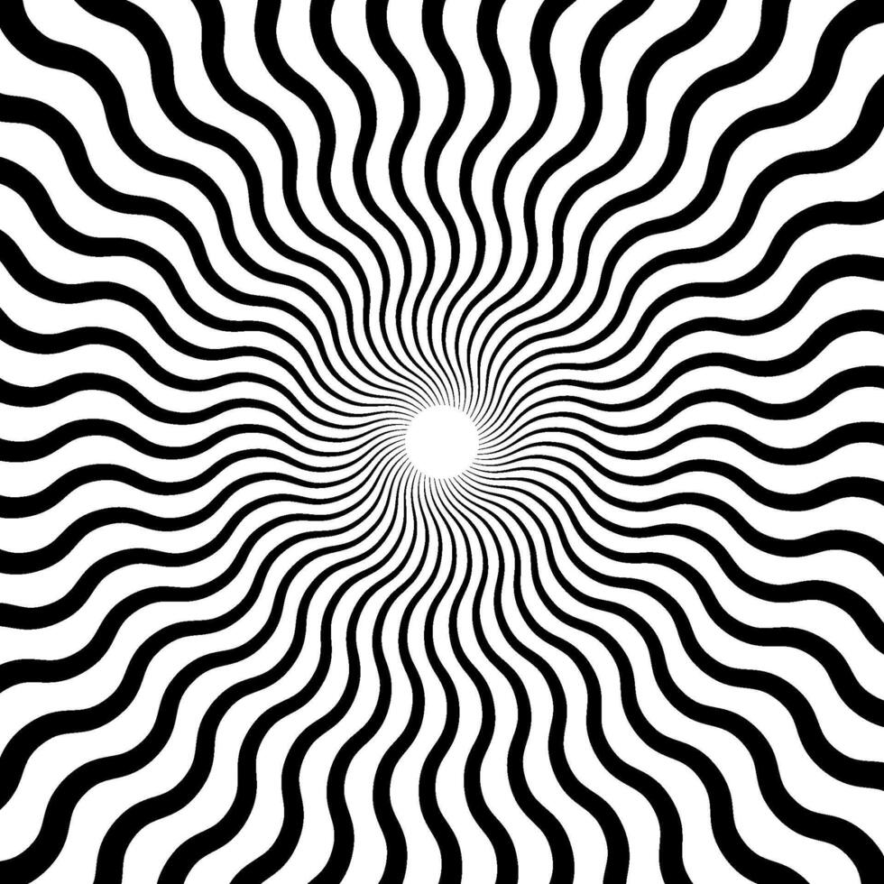 Optical illusion background. Black and white abstract distorted wavy lines surface. Radial waves poster design. Torsion spiral illusion wallpaper. vector