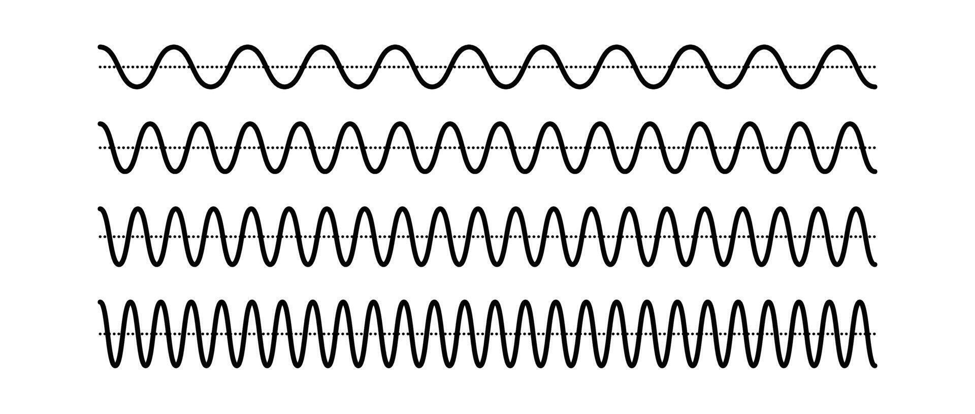 Sinusoid signals set. Black curve sound waves collection. Voice or music audio concept. Pulsating signal lines pack. Electronic radio graphics with different frequency and amplitude. vector