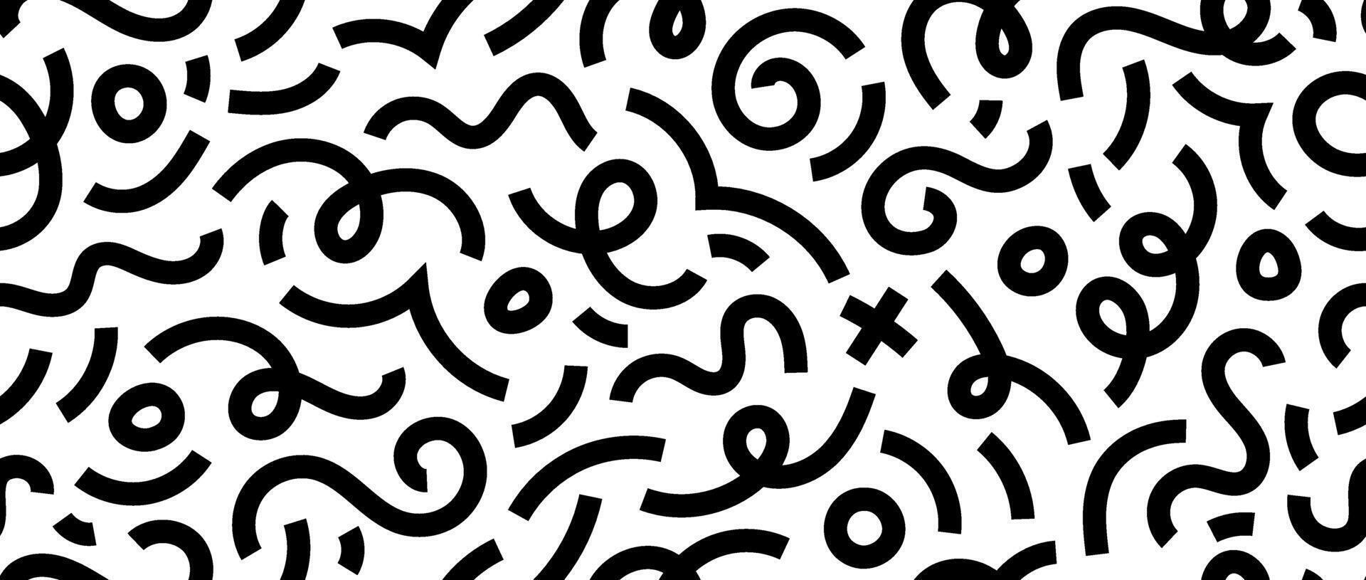 Abstract doodle squiggly lines seamless pattern. Black and white childish scribble repeating background. Basic shapes and curved wavy stripes wallpaper. Monochrome backdrop vector