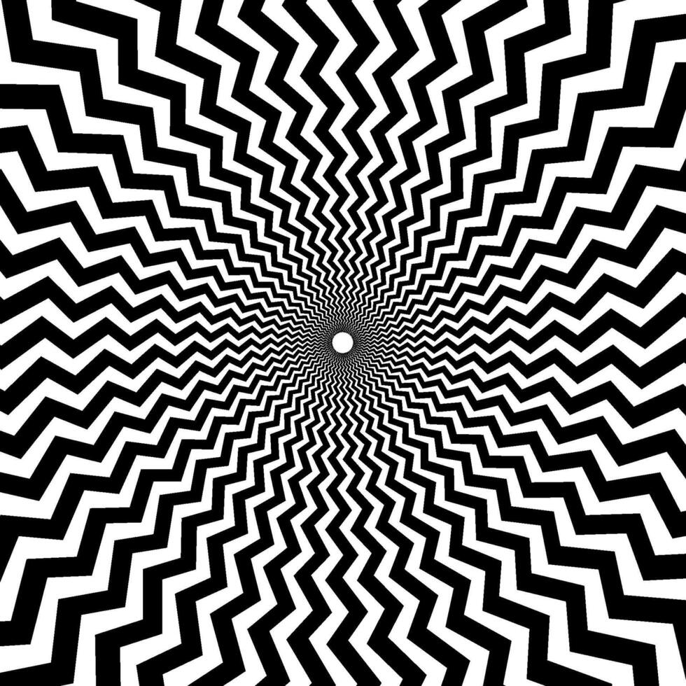Optical illusion background. Black and white abstract distorted zigzag lines surface. Radial poster design. Hypnotic illusion wallpaper. Ornamental illustration vector