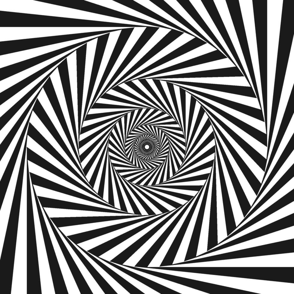 Radial optical illusion background. Black and white abstract lines surface in circles. Poster, banner, template design. Spinning and rotating spiral or vortex illusion wallpaper. Opt art vector