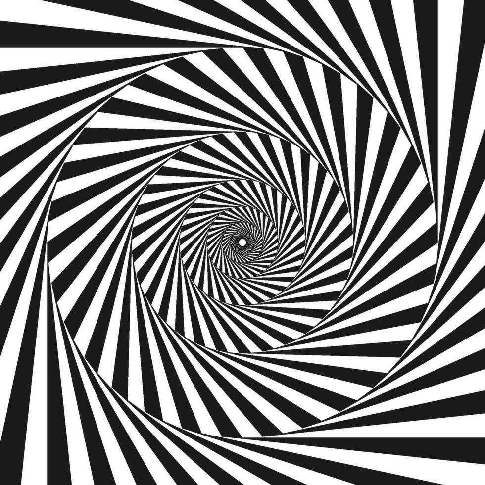 Radial optical illusion background. Black and white abstract lines surface in circles. Poster, banner, template design. Spinning spiral or vortex illusion wallpaper. Opt art illustration vector