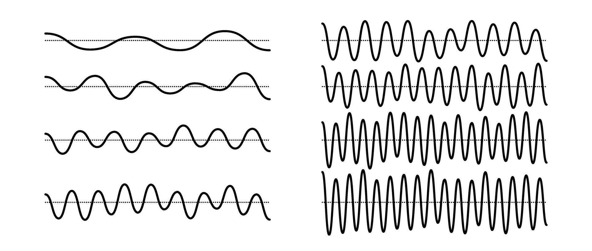 Sinusoid signals set. Black curve sound waves with different frequency and amplitude. Voice or music audio concept. Pulsating lines. Electronic radio graphics collection. bundle vector
