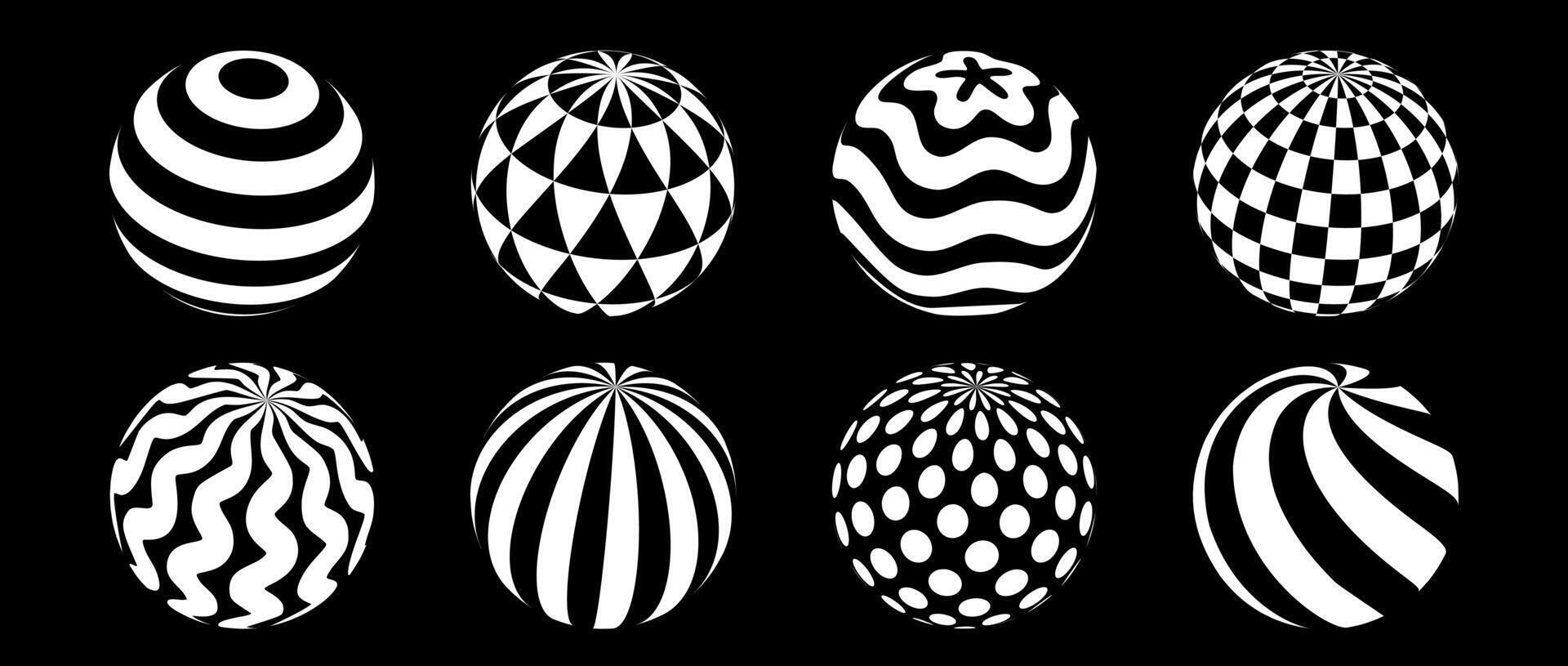 Collection of spheres with different patterns. Striped, checkered, waved and dotted 3d balls set. Black and white geometric elements for design templates, icons, logo. Abstract globes pack vector