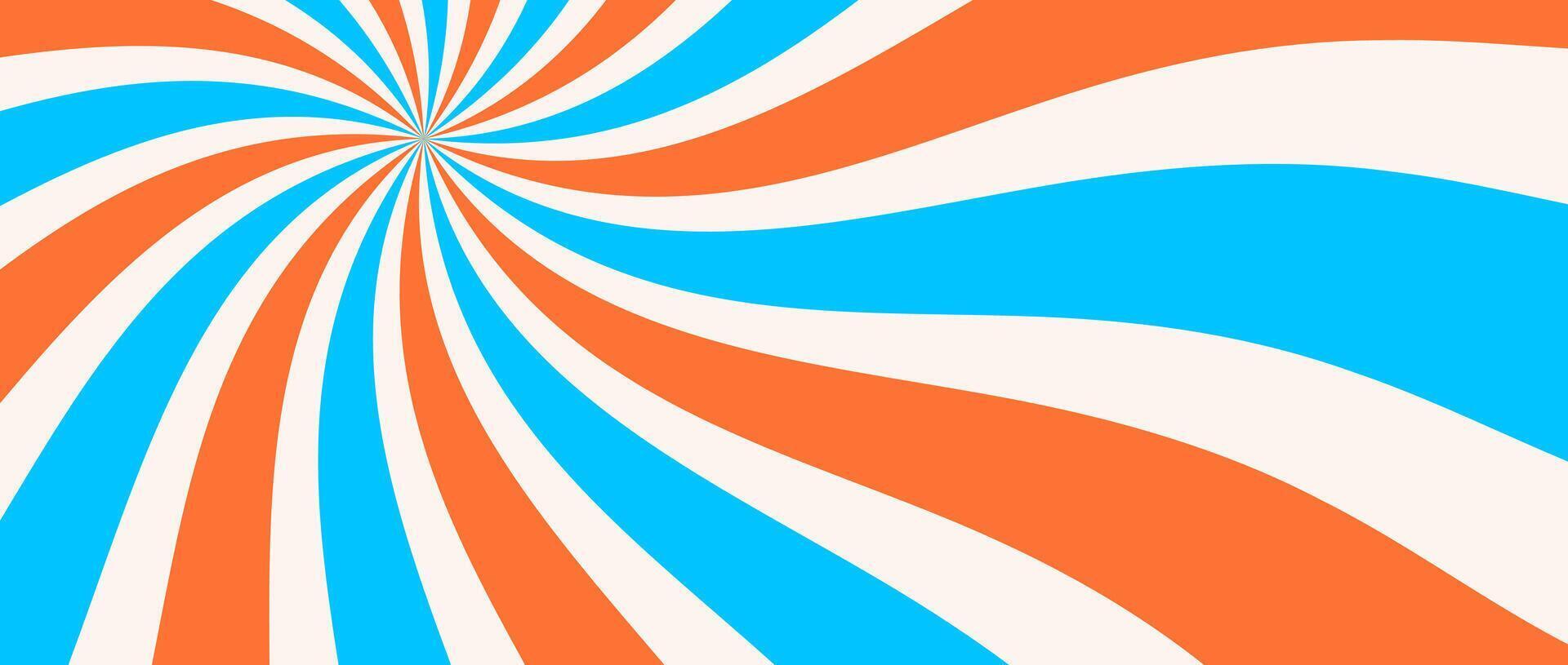 Spinning radial lines background. Orange blue curved sunburst wallpaper. Abstract warped sun rays and beams comic texture. Vintage summer backdrop for posters, banners, templates. vector