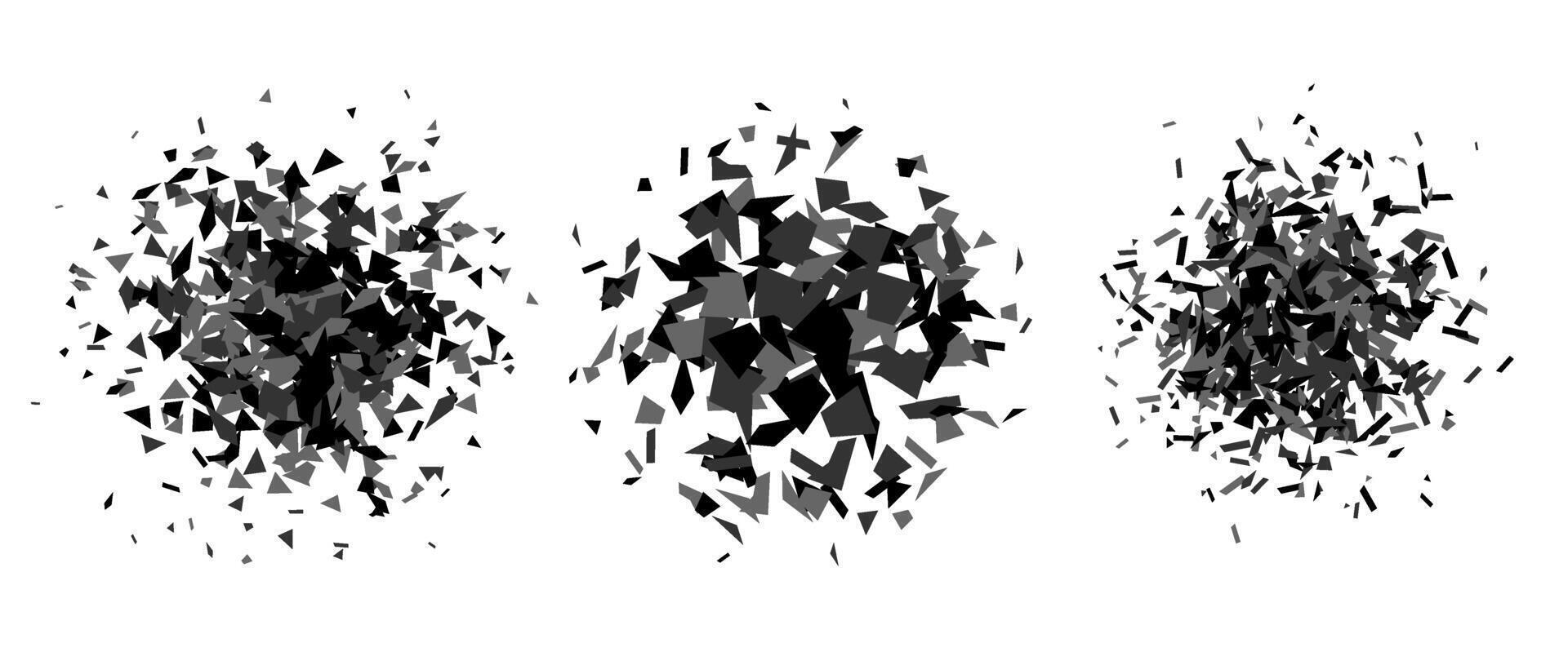Set of debris and shatters in radial shape. Black and grey broken pieces, specks, speckles and particles. Abstract explosion and burst textured elements collection. vector
