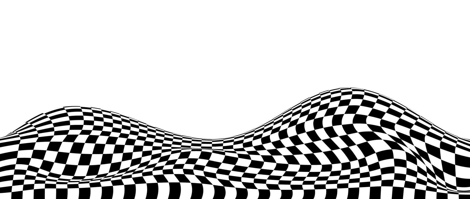 Wavy checkered background. black and white curved warped chessboard floor pattern. Trippy undulate squares texture surface. Landscape terrain concept. Optical illusion wallpaper. vector
