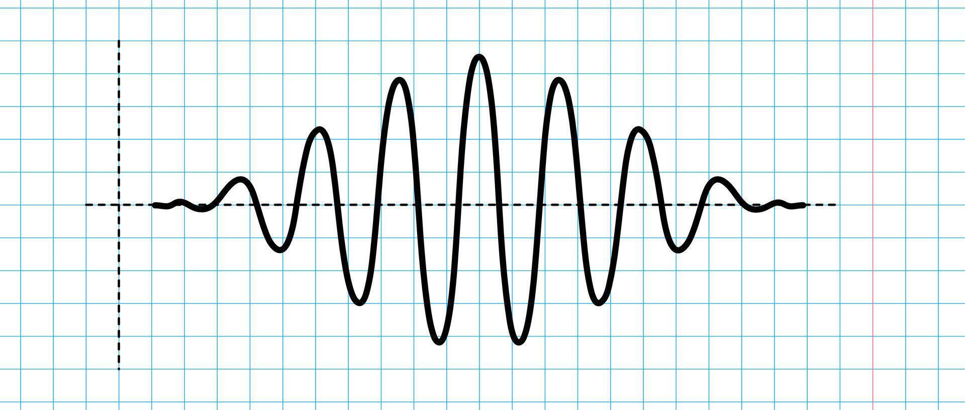 Sinusoid impulse signal on blue grid paper. Black curve sound wave on checkered paper. Voice or music audio concept. Pulse line in school notebook. Sine electronic radio graphic. vector