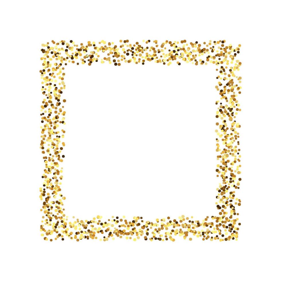 Golden confetti square frame. Glowing dotted glitter background. Simple gold dots border. Sparkling halftone Christmas decoration element. vector