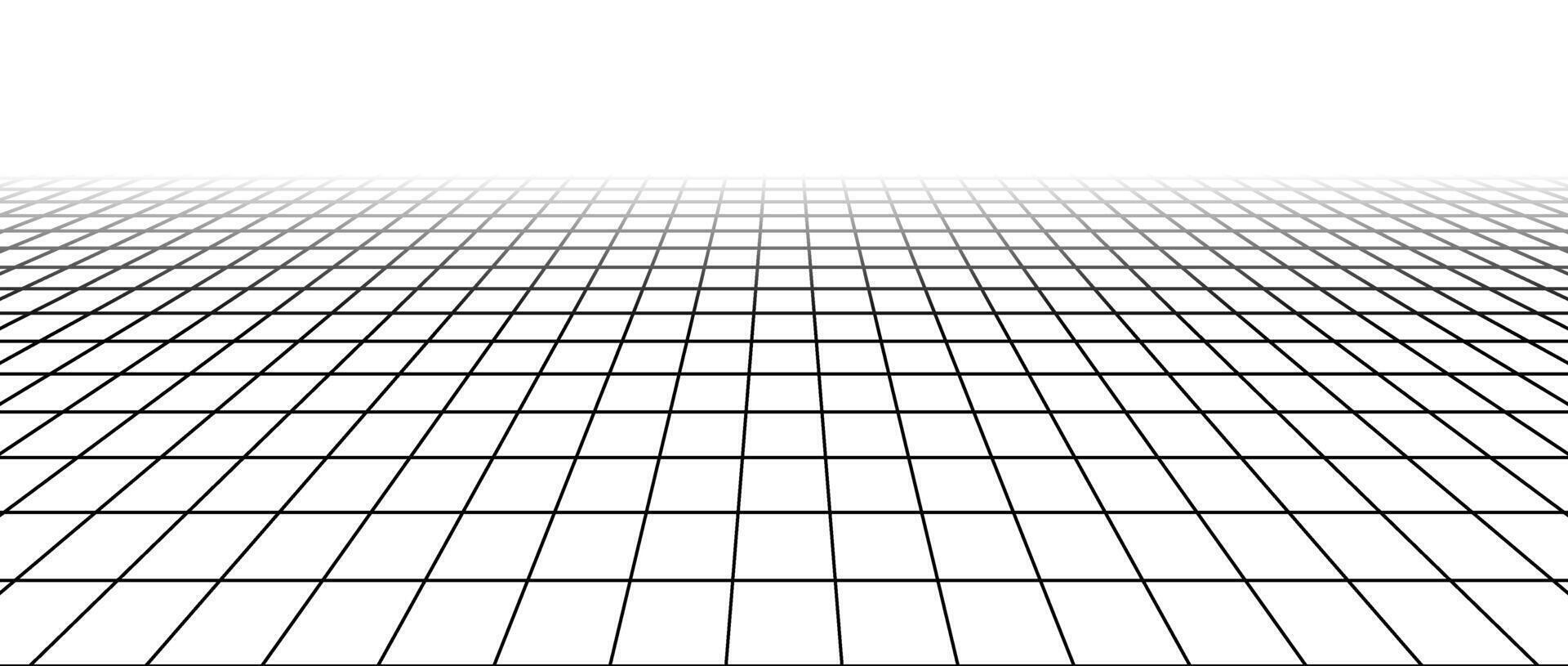 Abstract flat wireframe grid. Vanishing checkered floor landscape. Horizontal chessboard plane fading in perspective. Black and white lattice surface background. vector