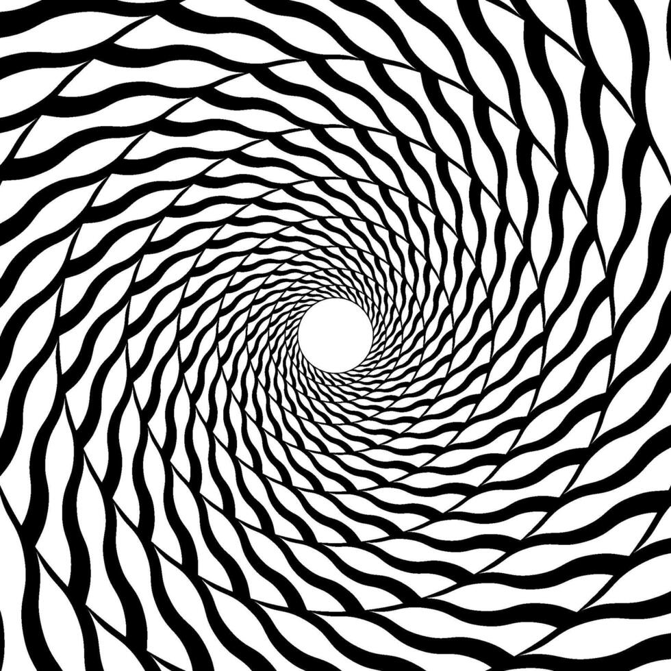 Radial optical illusion background. Black and white abstract wavy lines surface in circles. Poster, banner, template design. Spinning spiral illusion wallpaper. Op art illustration vector
