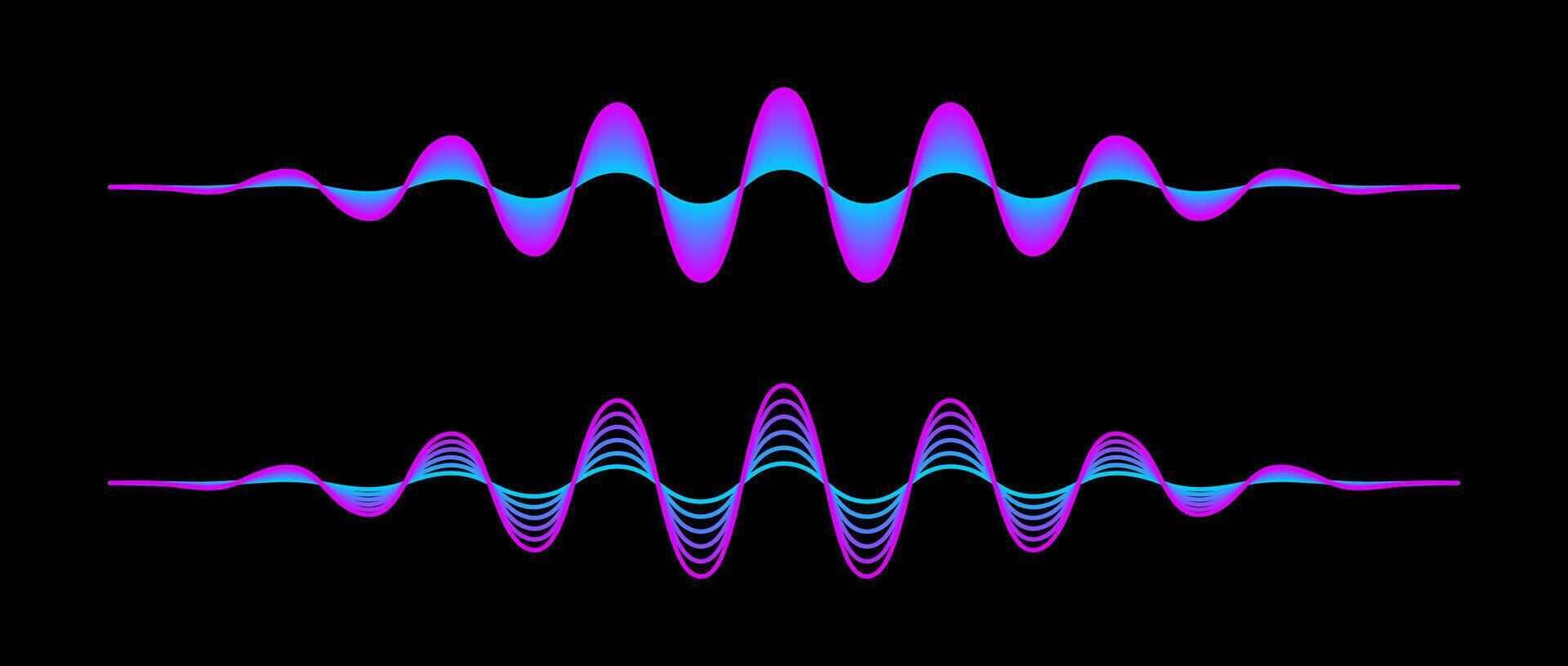 Pair of purple blue gradient sound waves. Two neon pink blue sinusoid lines. Voice or music audio design element for flyer, poster, banner. Radio signal graphic samples on dark background. vector