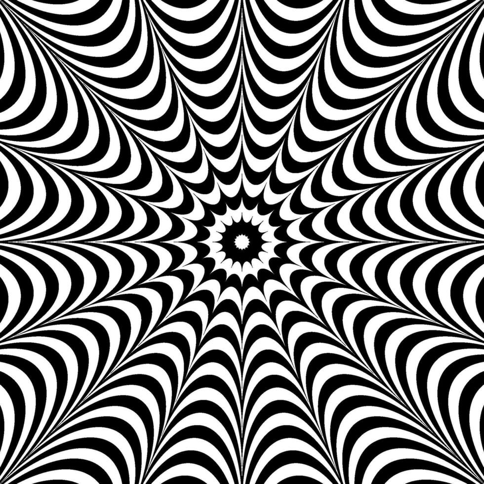Optical illusion background. Black and white abstract distorted and curve lines surface. Poster design. Radial wavy illusion wallpaper. vector