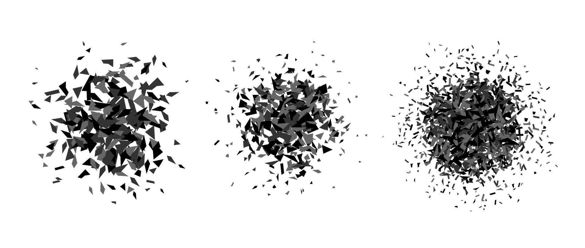 Set of debris and shatters in radial shape. Black and grey broken smashed pieces, specks, speckles and particles. Abstract explosion and burst textured elements collection. vector