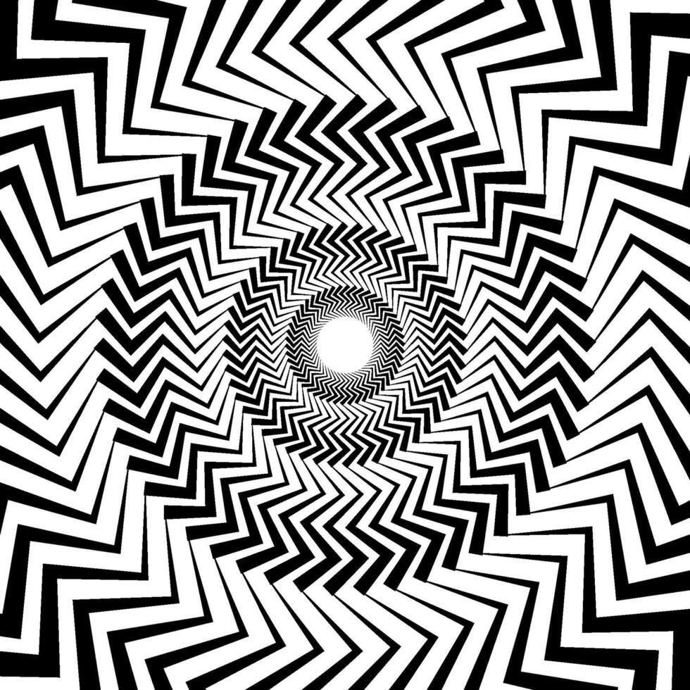 Optical illusion background. Black and white abstract distorted zigzag lines surface. Radial jagged poster design. Hypnotic spiral illusion wallpaper. vector