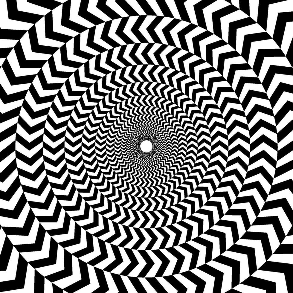 Radial optical illusion background. Black and white abstract surface in circles. Poster, banner, template design design. Spinning and rotating spiral illusion wallpaper. vector