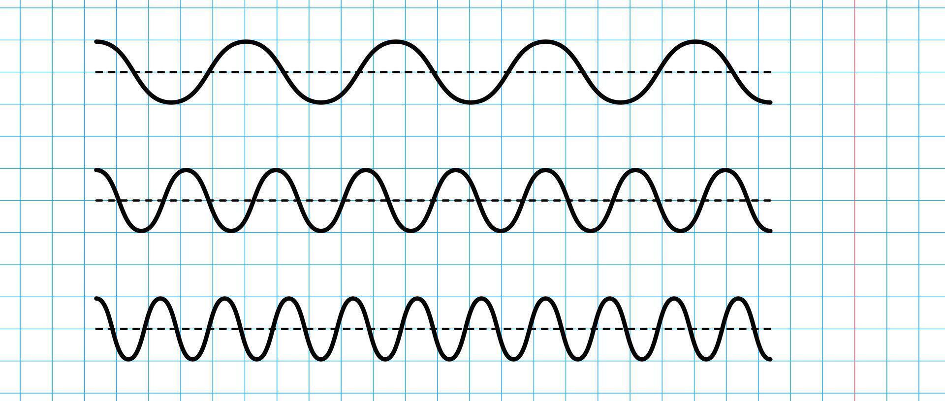 Sinusoid signals set on blue grid paper. Black curve sound wave on checkered paper. Voice or music audio concept. Pulsating line in school notebook. Sine electronic radio graphics bundle. vector