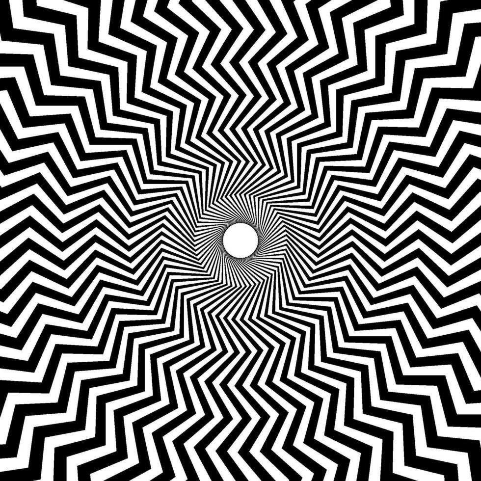 Optical illusion background. Black and white abstract distorted zigzag lines surface. Radial wave poster design. Hypnotic illusion wallpaper. vector
