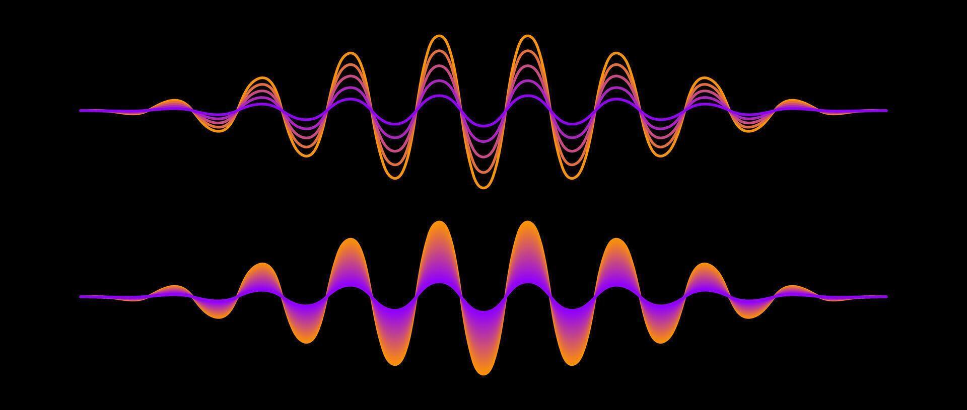 Pair of purple orange gradient sound waves. Two neon pink yellow sinusoid lines. Voice or music audio design element for flyer, poster, banner. Radio signal graphic samples on dark background. vector