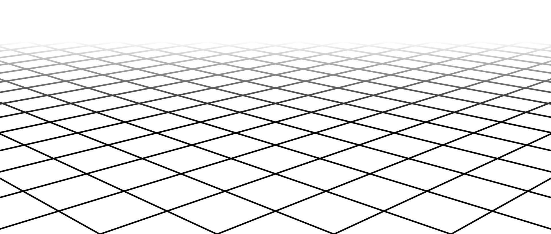 Fading diagonal wireframe grid. Vanishing checkered tile floor landscape. Horizontal chessboard plane in perspective. Black and white flat lattice surface background. vector