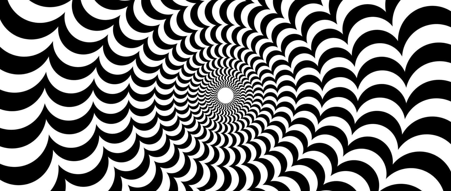 Radial optical illusion background. Black and white abstract semi circles surface. Poster, banner, template design. Spinning and rotating arc spiral illusion wallpaper. Horizontal illustration vector