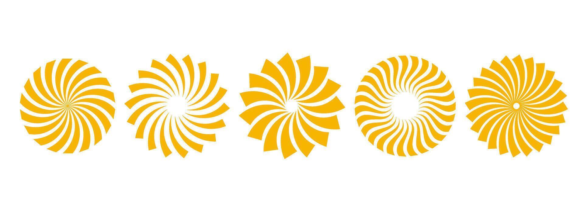 Golden curled sunburst collection. Stylized radial spinning elements. Yellow geometric round twisted rays, beams or stars pack. Circles concept symbols for banner, badge, sticker, poster vector