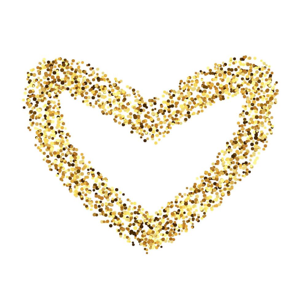 Golden confetti heart shape. Glowing dotted love background. Simple gold dots border. Sparkling halftone valentines decoration element. vector