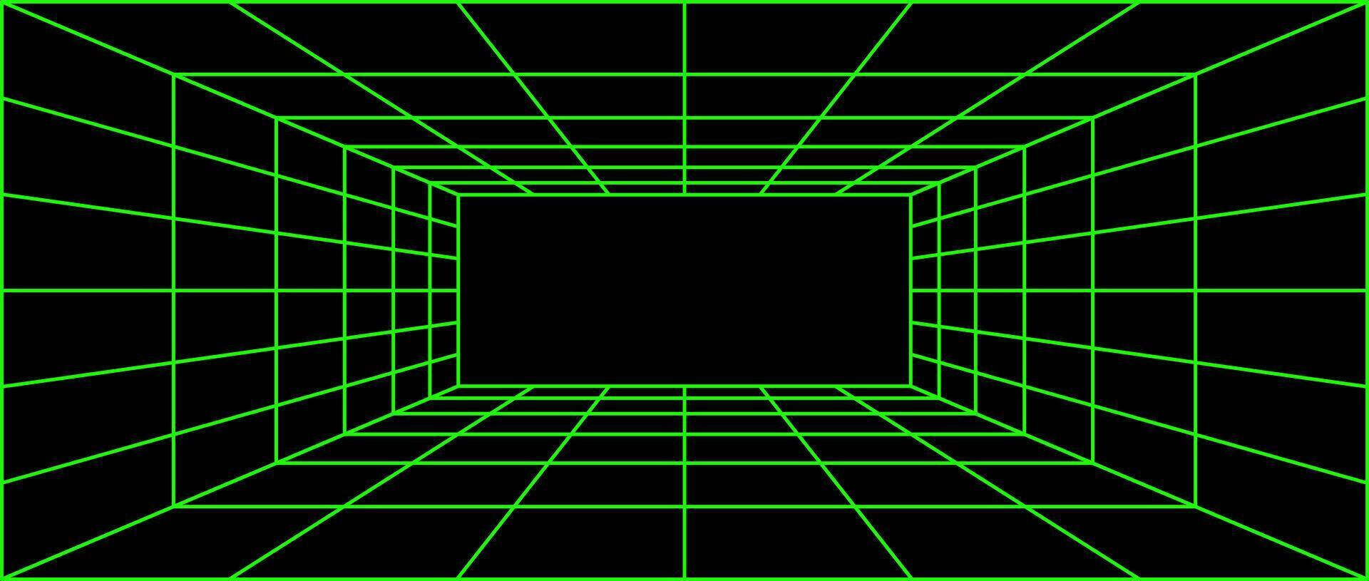 Green neon wireframe grid room. 3d perspective background. Futuristic digital outline space. Geometric design. Template illustration vector