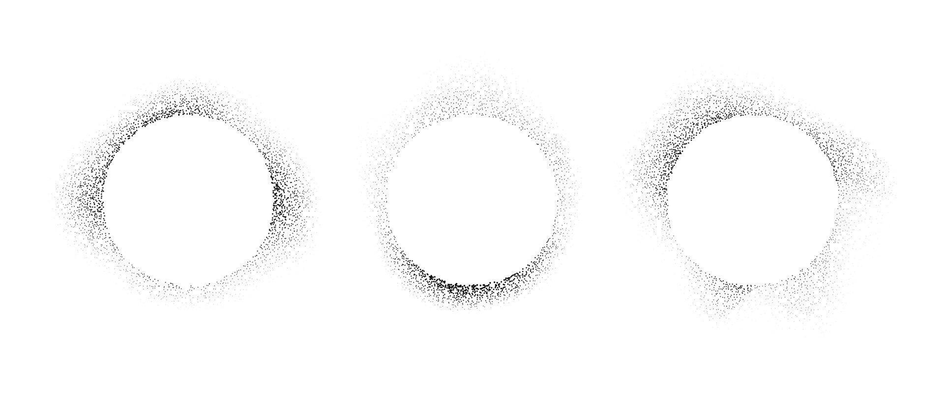 Circle frames collection with spray stencil effect. Grunge dotted round border shadow set. Faded noise texture radial shape bundle. Splattered elements for text box, banner, poster, template. vector
