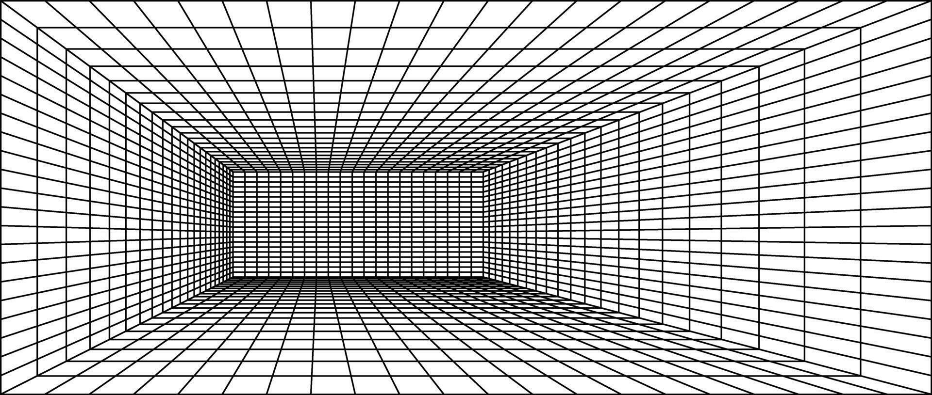 Wireframe grid room. 3d perspective background. Futuristic digital outline space. Black and white geometric design. Template illustration. Angle point of view. vector