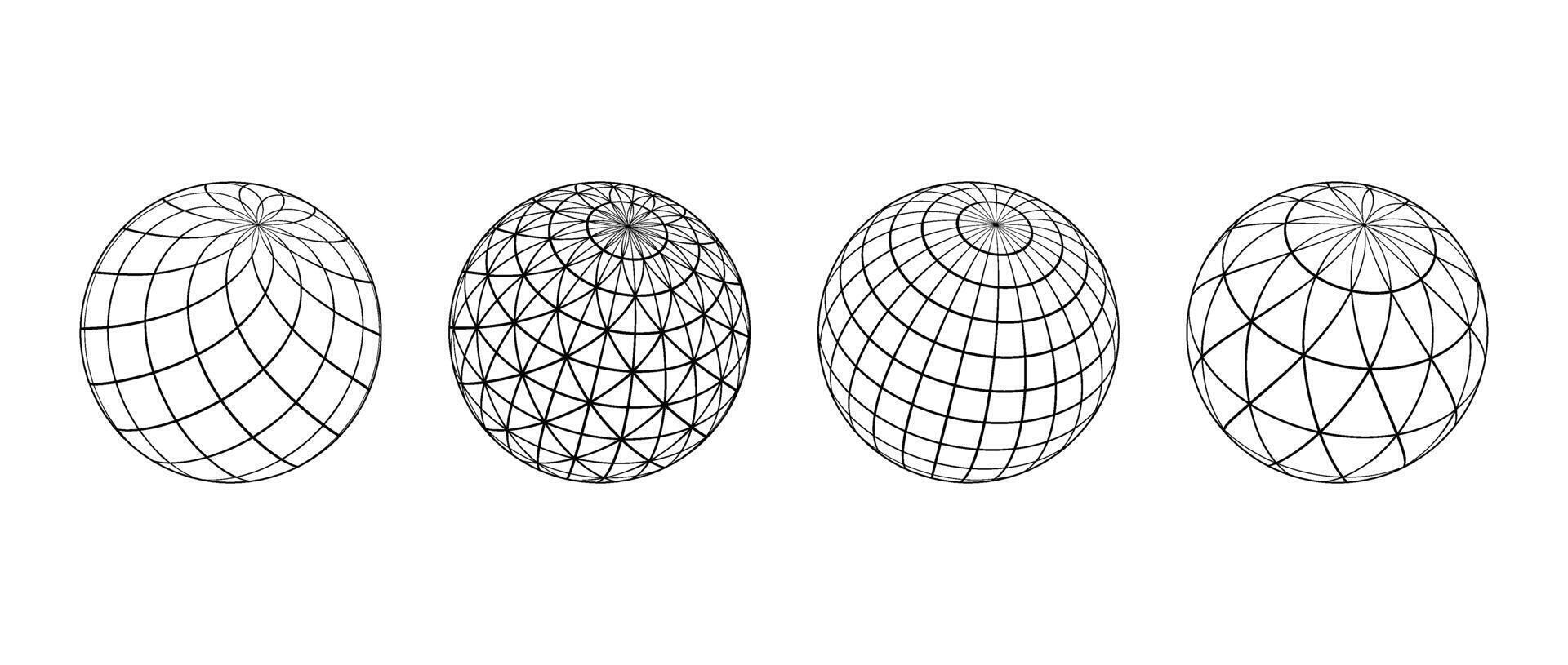Wireframe spheres collection. 3d outline globes with different grid patterns. Black geometric circle elements for design templates, icons, logo. Abstract balls with connected lines. vector