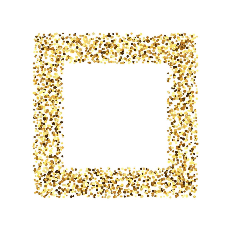 Golden confetti square frame. Glowing dotted glitter background. Simple gold border. Sparkling halftone Christmas decoration element. vector