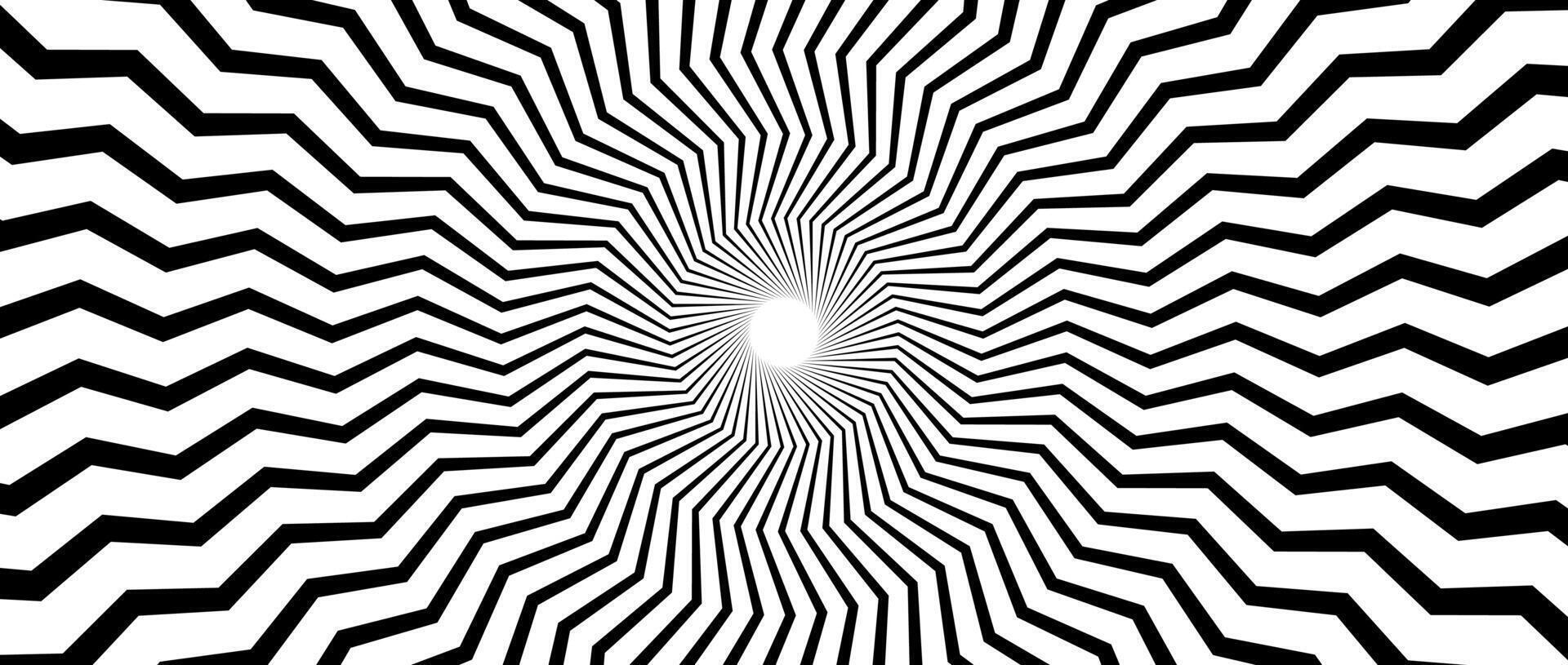 Optical illusion background. Black and white zigzag lines surface. Radial abstract sunburst poster design. Hypnotic illusion wallpaper. Horizontal ornamental illustration vector