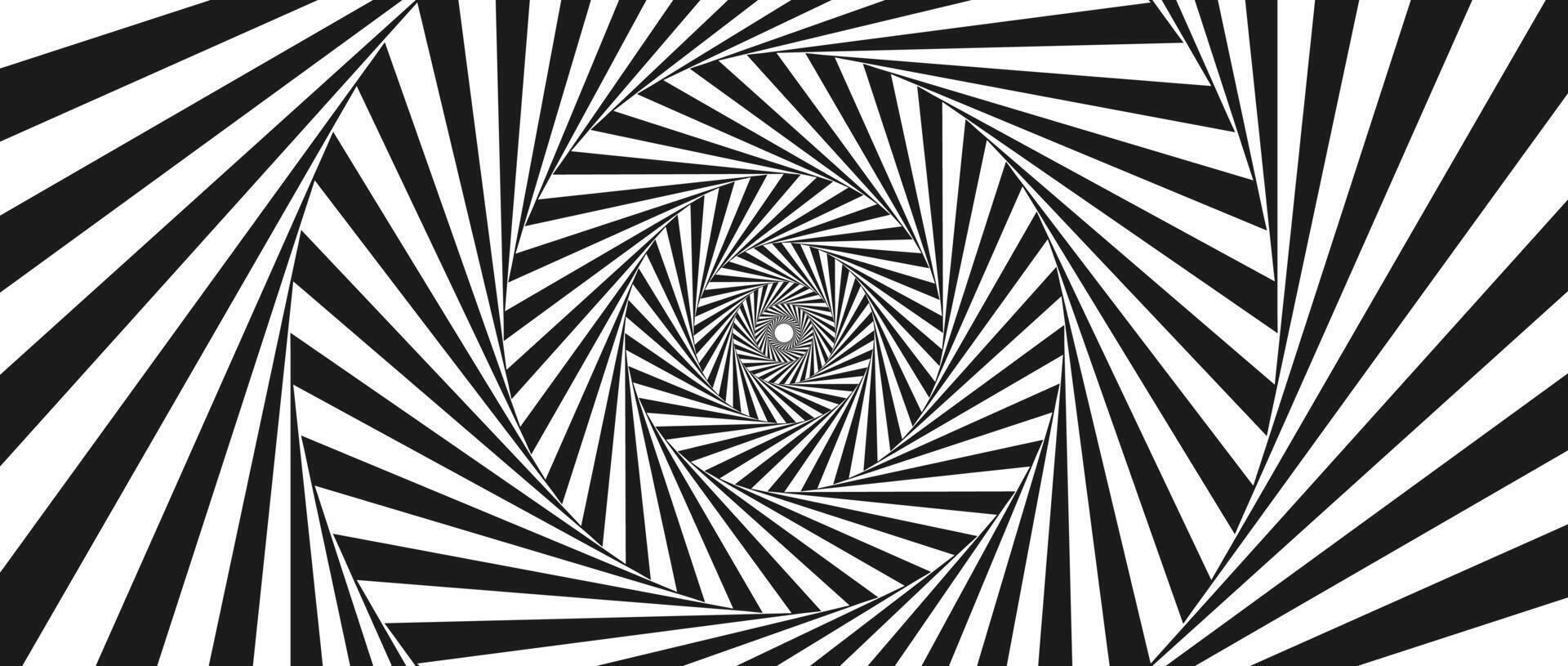 Radial optical illusion background. Black and white abstract rotating lines in circles. Poster, banner, template design. Spinning spiral or vortex illusion wallpaper. Horizontal opt art surface vector