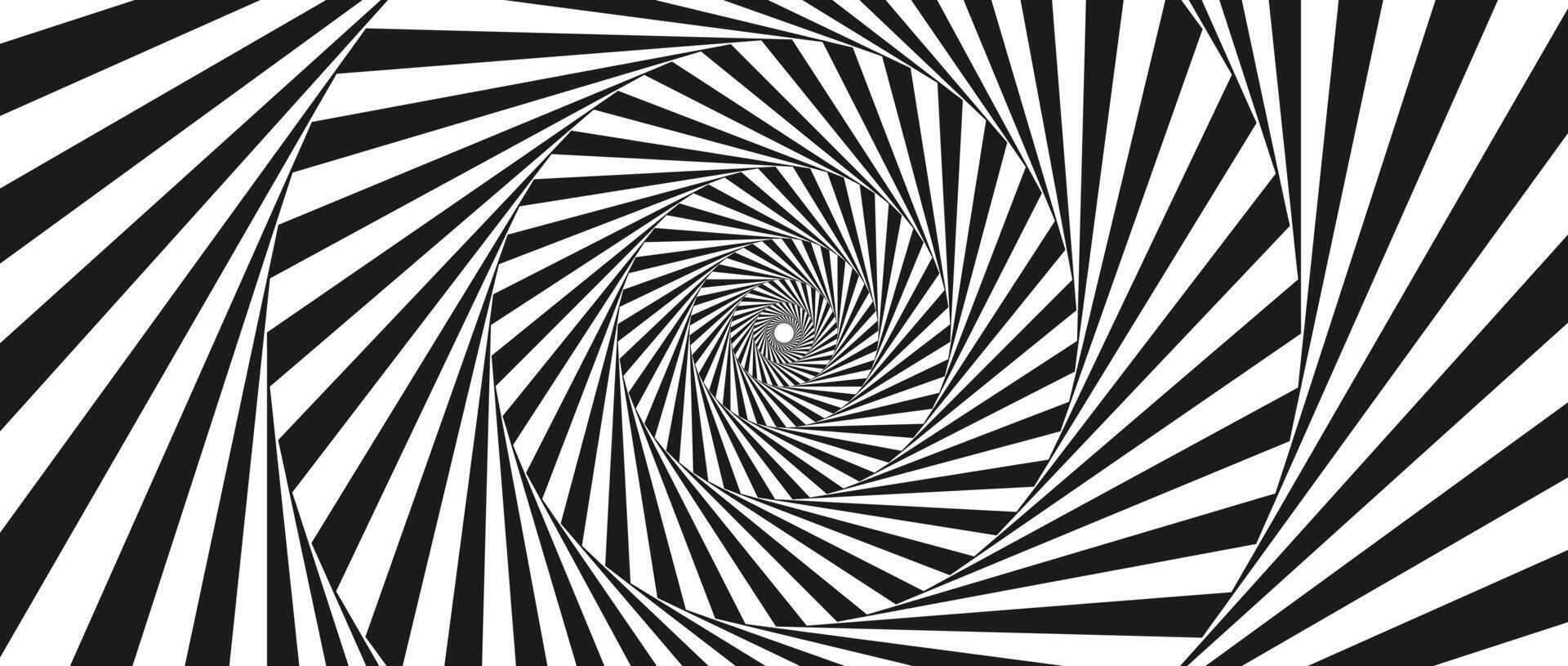 Radial optical illusion background. Black and white abstract lines in circles. Poster, banner, template design. Spinning rotating spiral or vortex illusion wallpaper. Horizontal opt art surface vector