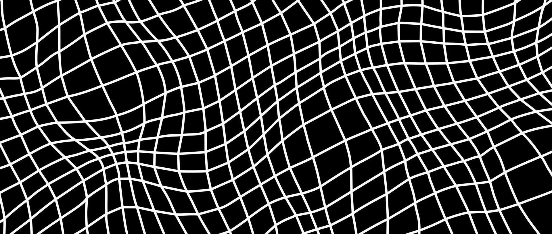 Distorted outline wireframe background. Abstract wavy flowing chessboard wallpaper. Warped curved grid surface pattern. White black geometric texture with optical illusion effect. vector