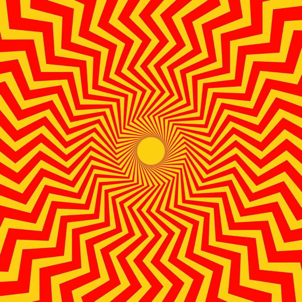 Optical illusion background. Red and orange abstract distorted zigzag lines surface. Radial wave poster design. Hypnotic illusion wallpaper. vector