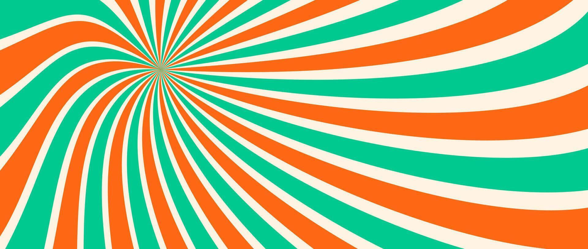 Spinning radial lines background. Orange green curved sunburst wallpaper. Abstract warped sun rays and beams comic texture. Vintage summer backdrop for posters, banners, templates. vector