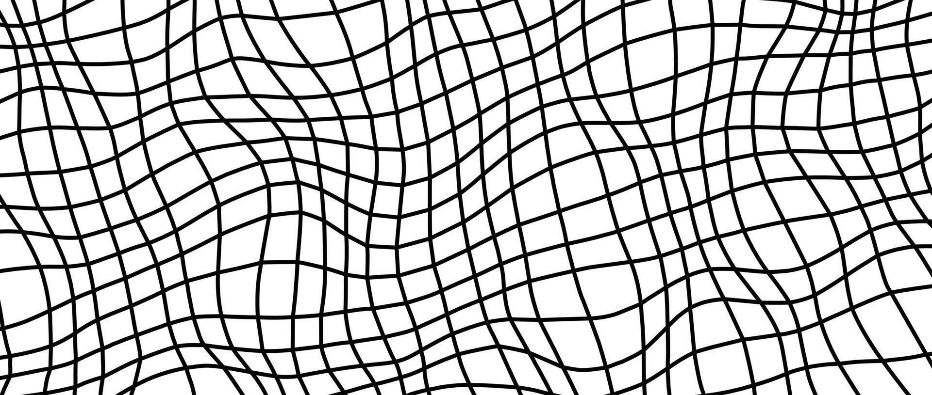 Distorted outline wireframe background. Abstract wavy checkerboard wallpaper. Warped curved grid surface pattern. Black on white geometric texture with optical illusion effect. vector