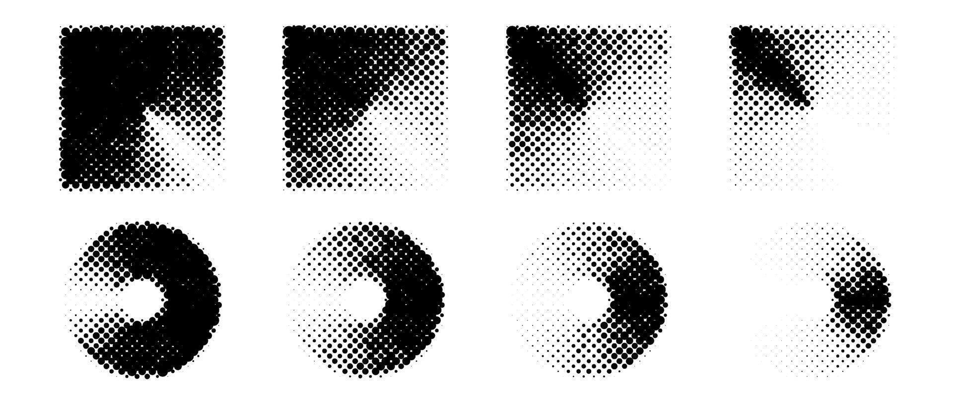 Halftone circle and square shapes set. Dotted round and rectangle texture collection. Round fading gradient in comic and pop art style. Black design elements bundle. Pixelated background pac vector