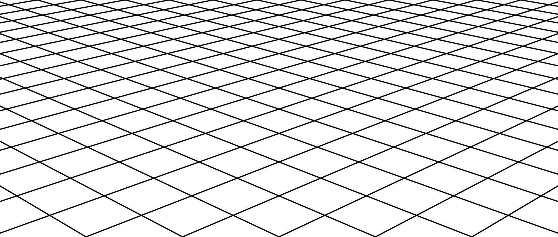 Diagonal flat wireframe grid. Checkered tile floor landscape. Horizontal chessboard plane in perspective. Black and white lattice surface background. vector