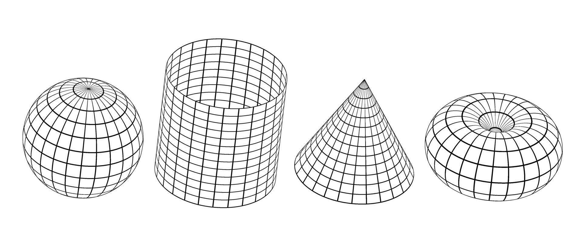 Wireframe shapes collection. 3d outline sphere, cylinder, cone and torus. Black geometric elements for design templates, icons, logo. Abstract lattice objects with connected lines. vector
