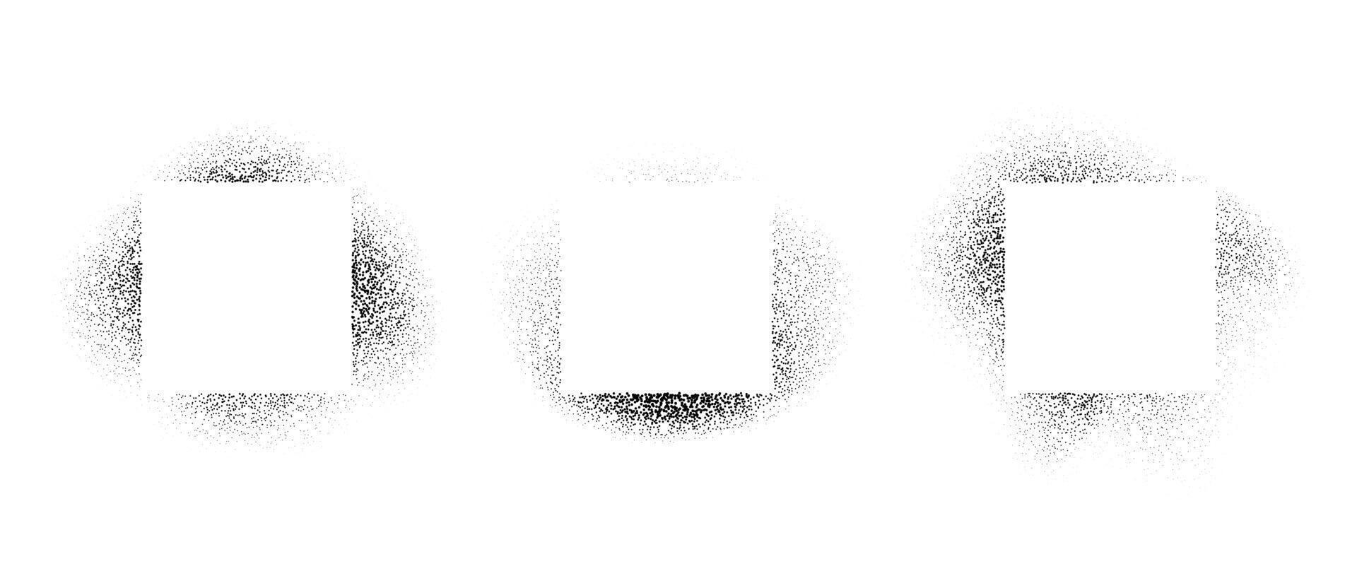 Square frames set with spray stencil effect. Grunge dotted rectangle border shadow collection. Faded noise texture shape bundle. Splattered elements for text box, banner, poster, template. vector