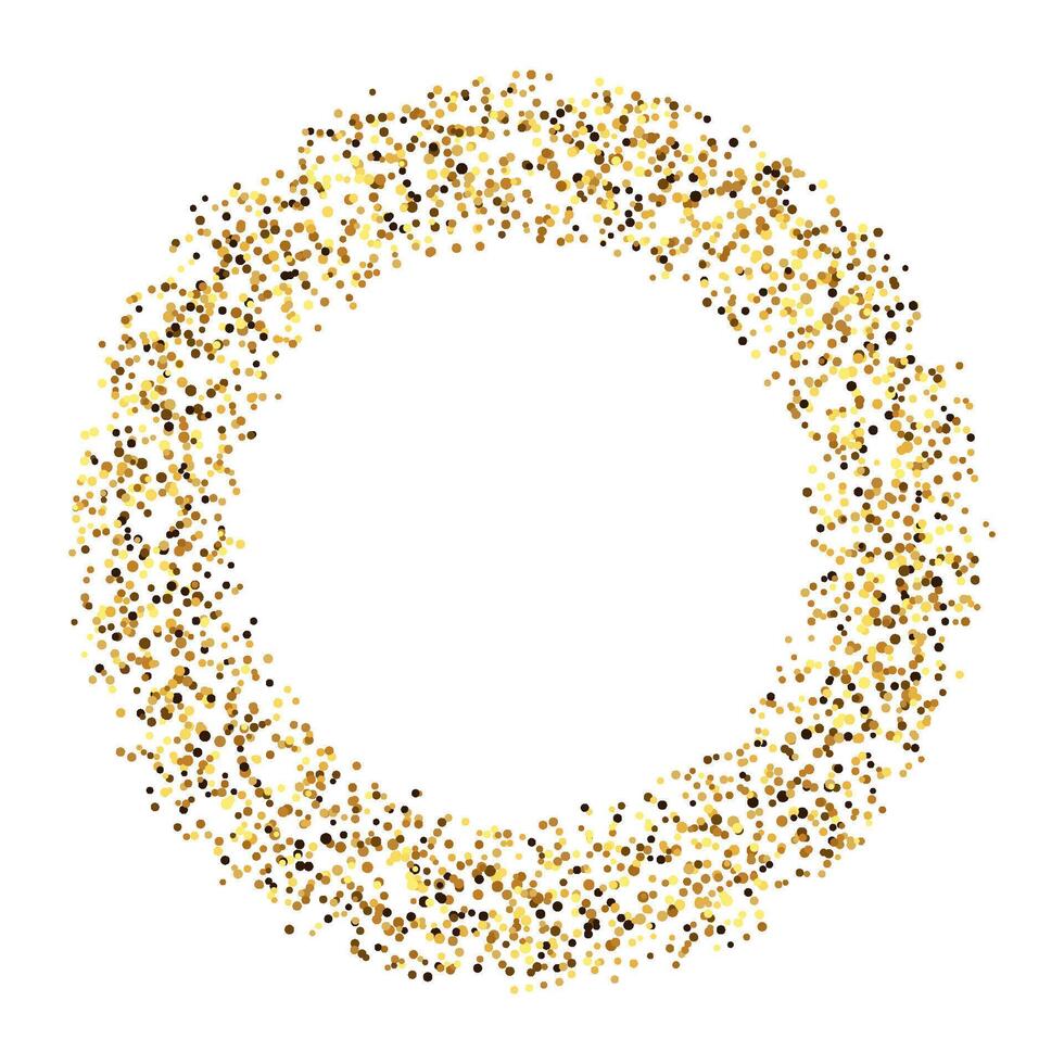 Golden confetti circle frame. Glowing dotted glitter background. Simple gold round dots form. Sparkling and shining halftone ring. Christmas decoration element. vector