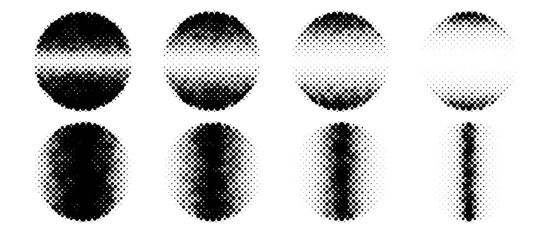Halftone circle shapes with linear fading gradient. Dotted textured round forms collection in comic pop art style. Black spotted design elements bundle. Rasterized pixelated background pack. vector
